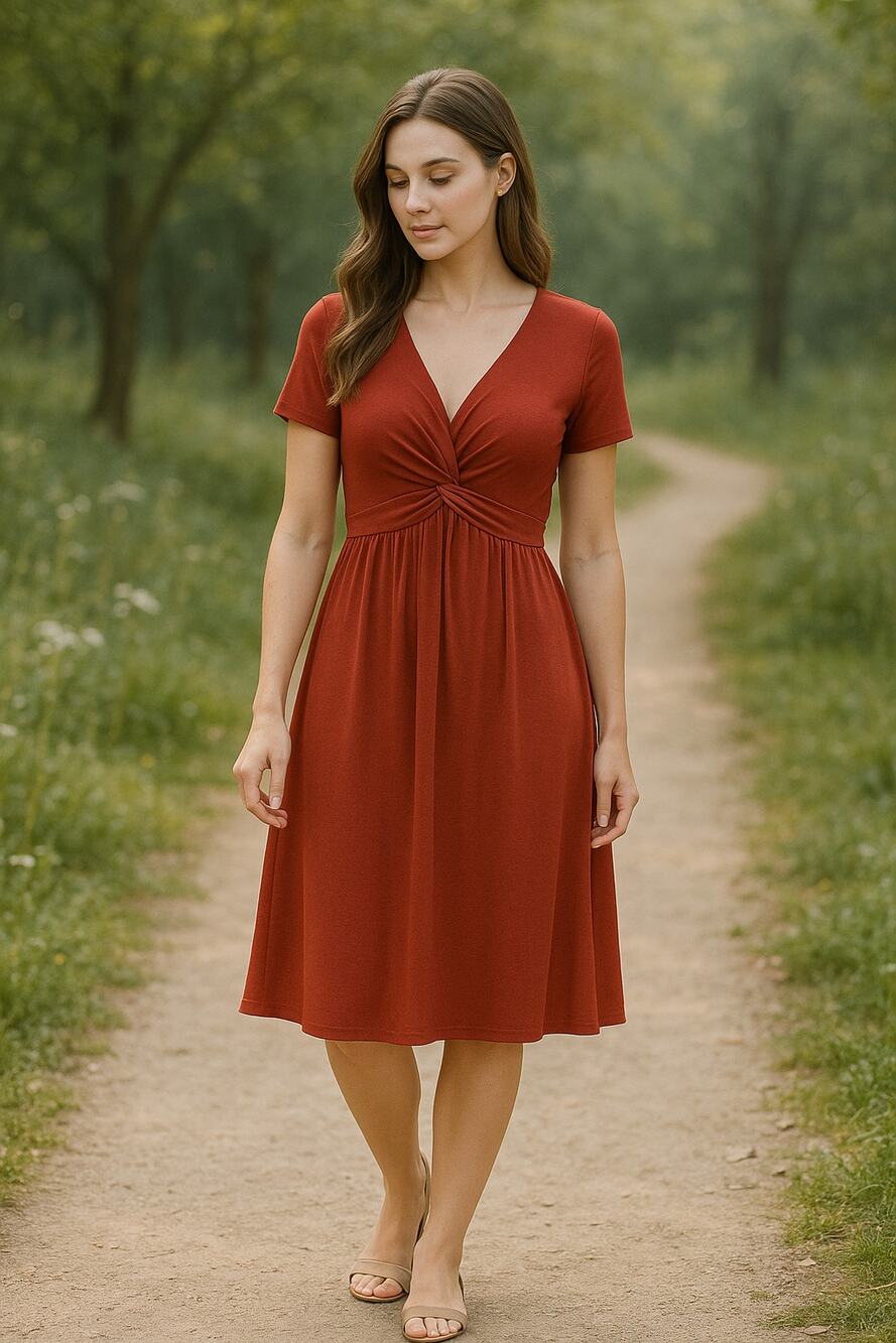 Rust Red Empire Waist Dress Medium Twist Front Fit Flare Knee Length Cocktail